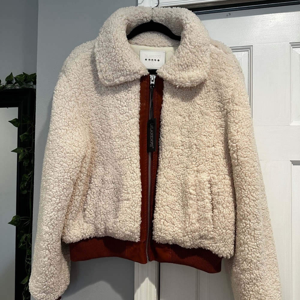 Blank NYC Cream Teddy Jacket with Rust Zip Trim